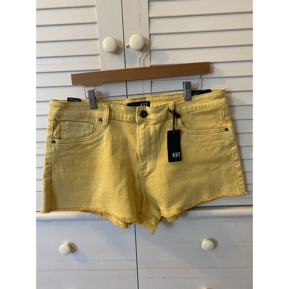 Kut Shorts High Rise Frayed Golden Sun Yellow Jane Hem 5 pocket zip Fly Size 14 - Picture 12 of 13